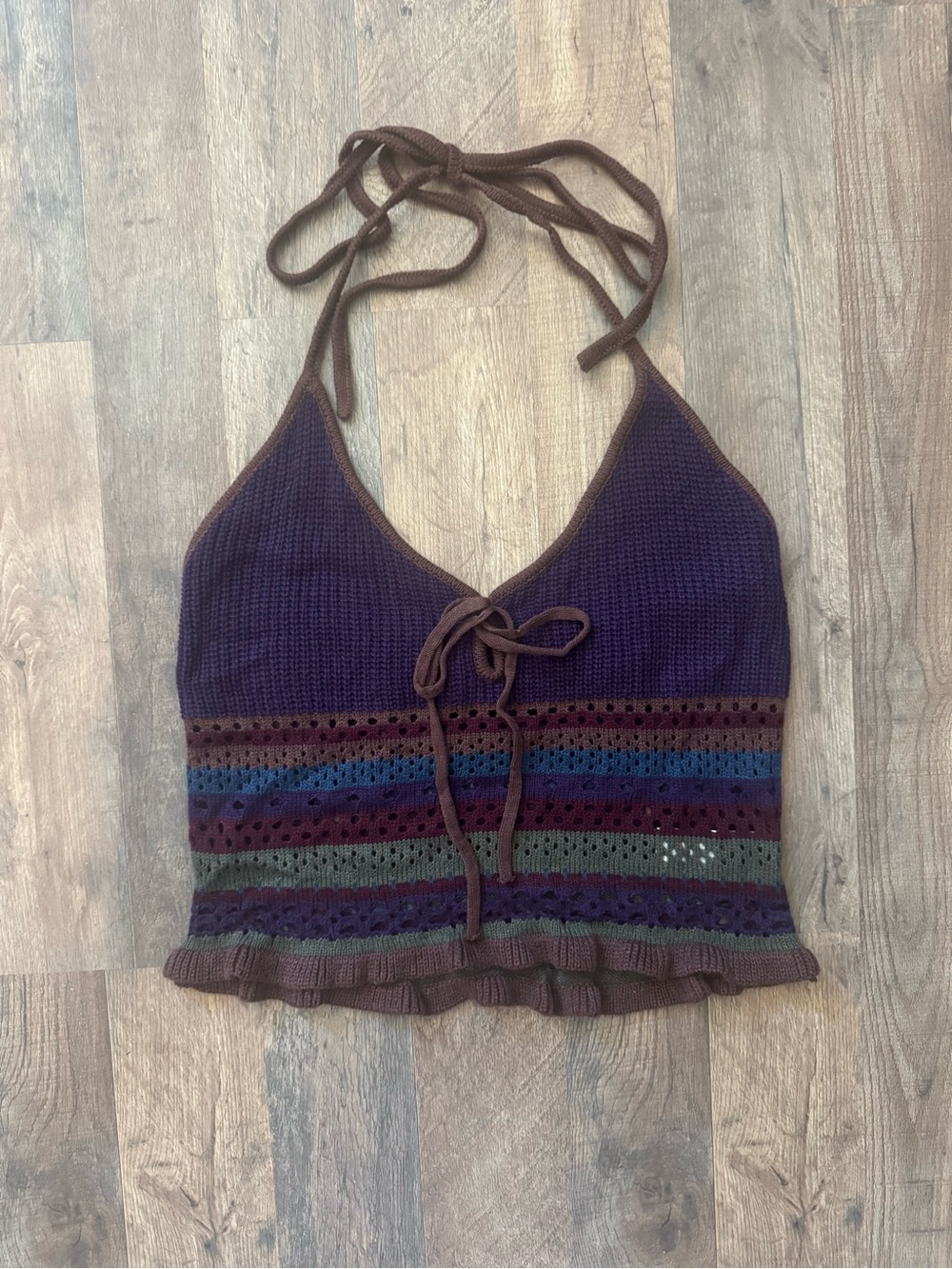 ROMWE Purple Knit Halter Crop Top with Brown Trim and Multicolor Stripes